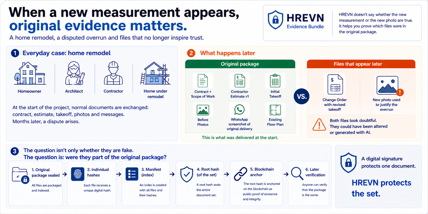 HREVN Evidence Bundle infographic for a U.S. remodel dispute: original package versus later change order and suspicious photo.