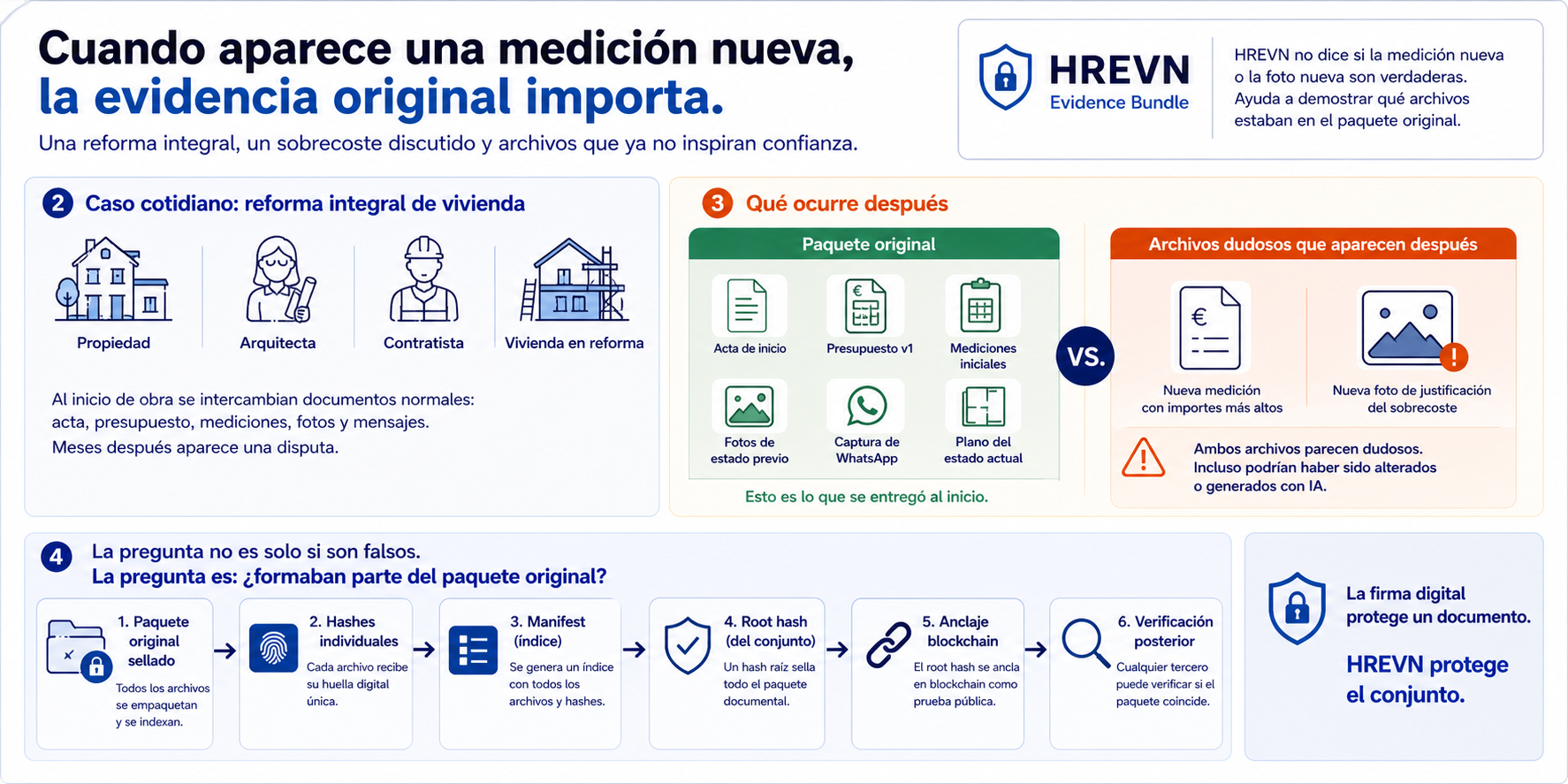 Infografía de HREVN Evidence Bundle sobre una reforma integral: paquete original frente a medición nueva y foto dudosa que aparecen después.