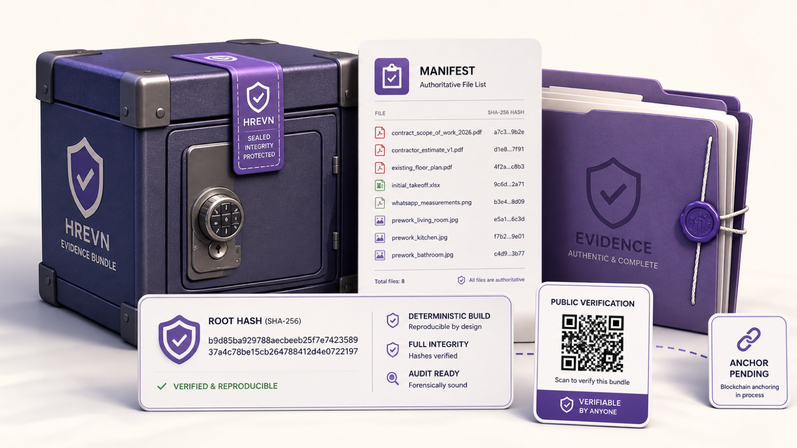 Editorial illustration of the Evidence Bundle with a secure archive box, manifest, evidence folder and public verification.